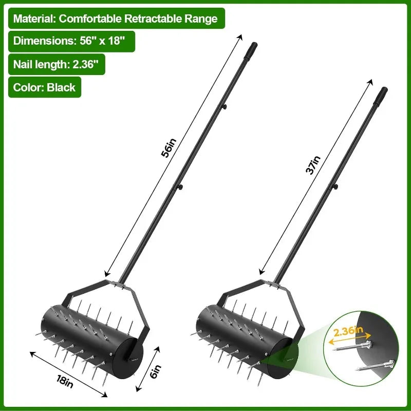 18-inch Rolling Lawn Aerator Tool, 50"-70" Handle Heavy Duty Spike Aerator with Sandbag, 40 Iron Spikes Tighten with Patience