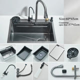 304 Stainless Steel Waterfall Kitchen Sink Large Single Slot Integrated Digital Display Faucet Set Soap Dispenser Cup Washer