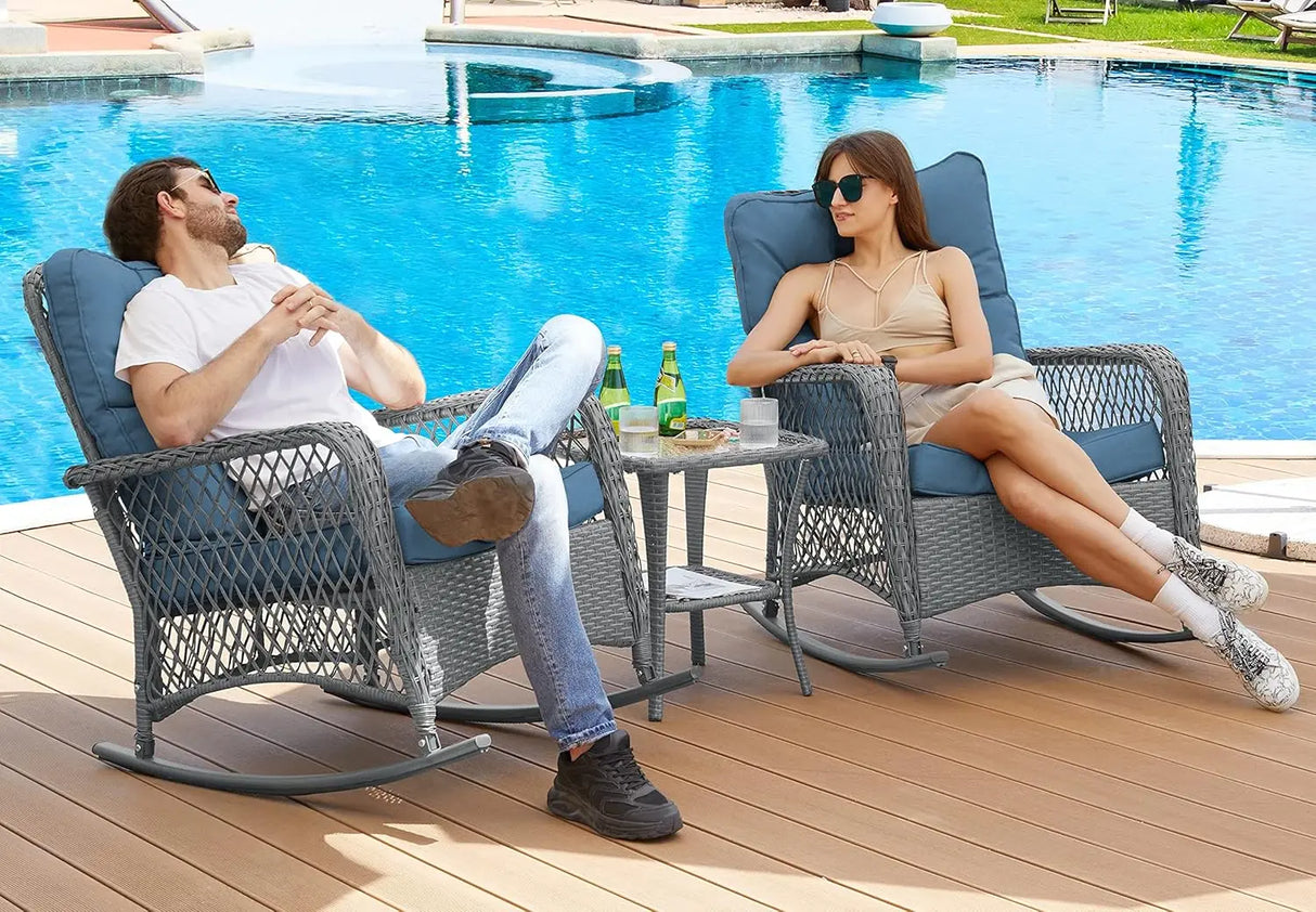 3 Piece Patio Set Rocking, with 2 Rockers and 1 Side Table with 4‘’ Thick Cushions, Rattan Outdoor Rocking Patio Bistro Set