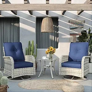 Patio Outdoor Rocking Swivel Chair Wicker Rattan Bistro Set with Tempered Glass Side Table, Outdoor Patio Furniture Set for Gard