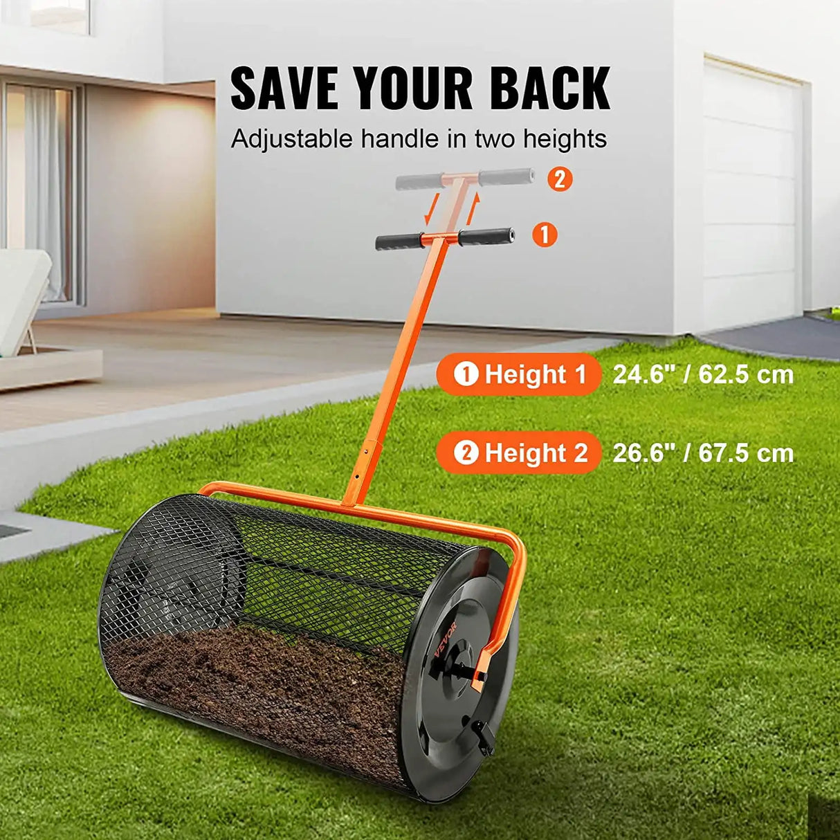 24" Compost Spreader Peat Moss Spreader Roller Lawn Spreader Black