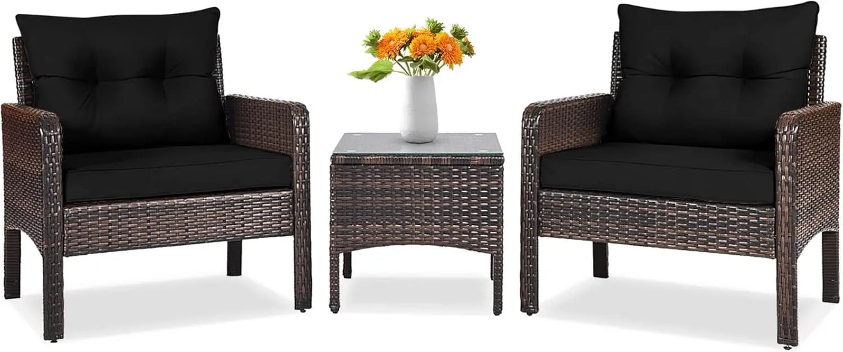 3 Piece Outdoor Patio Furniture Set for 2, Wicker Chairs with Glass Top Coffee Table, Thick Cushions, All Weather Garden Lawn