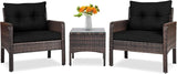 3 Piece Outdoor Patio Furniture Set for 2, Wicker Chairs with Glass Top Coffee Table, Thick Cushions, All Weather Garden Lawn