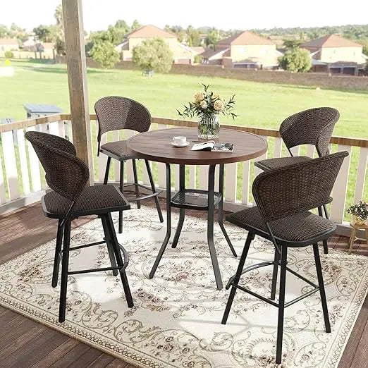 3 Pieces Patio Bar Set for Lawn Garden, 35.5" Bar Height Metal Round Table and 2 Wicker Outdoor Swivel Outdoor Bar Stools, Blac