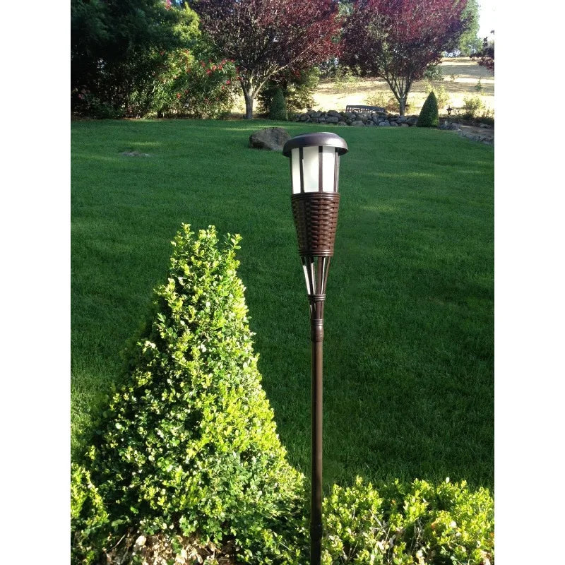Solar Flickering LED Island Torches, Dusk-to-Dawn Dancing Flame Outdoor Landscape Lighting, Dark Chocolate Finish, 4-Pack