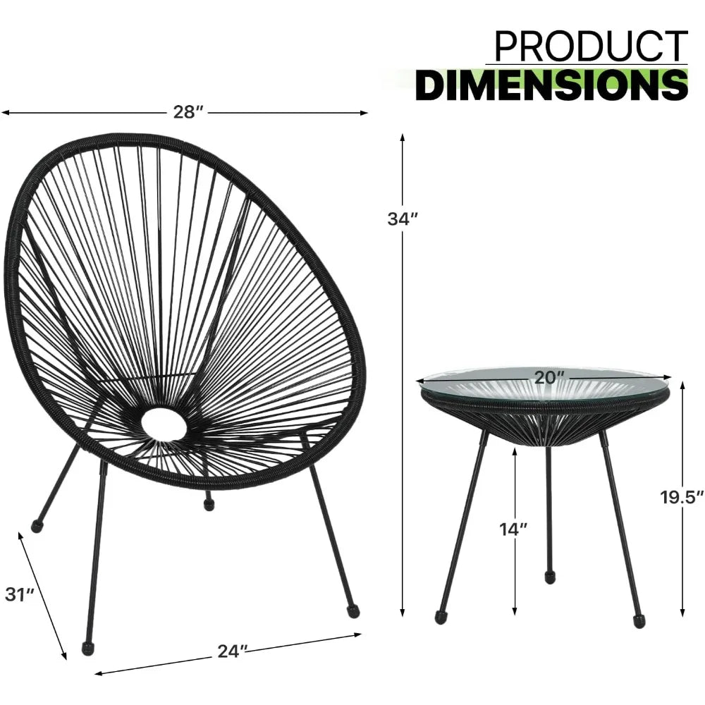 3-Piece Outdoor Chair Set - Glass Top Table, Woven PE Rope, Modern Bistro Set for Patio, Garden