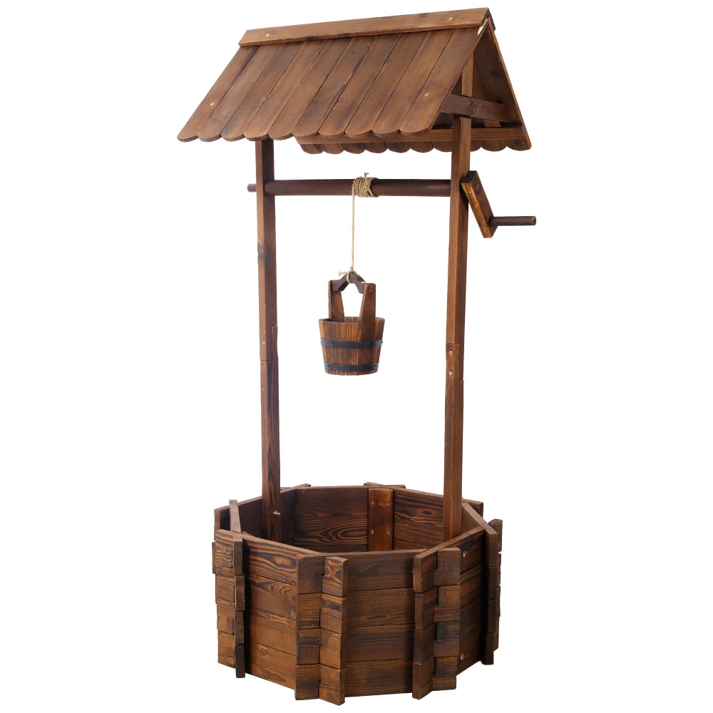 Rustic Wooden Wishing Well Planter Outdoor Home Décor for Patio, Garden, Yard w/Hanging Bucket