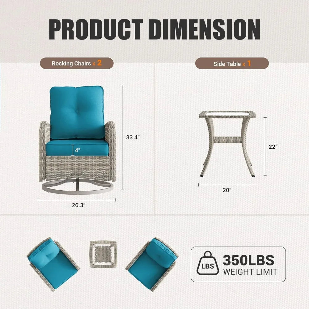 Patio Outdoor Rocking Swivel Chair Wicker Rattan Bistro Set with Tempered Glass Side Table, Outdoor Patio Furniture Set for Gard
