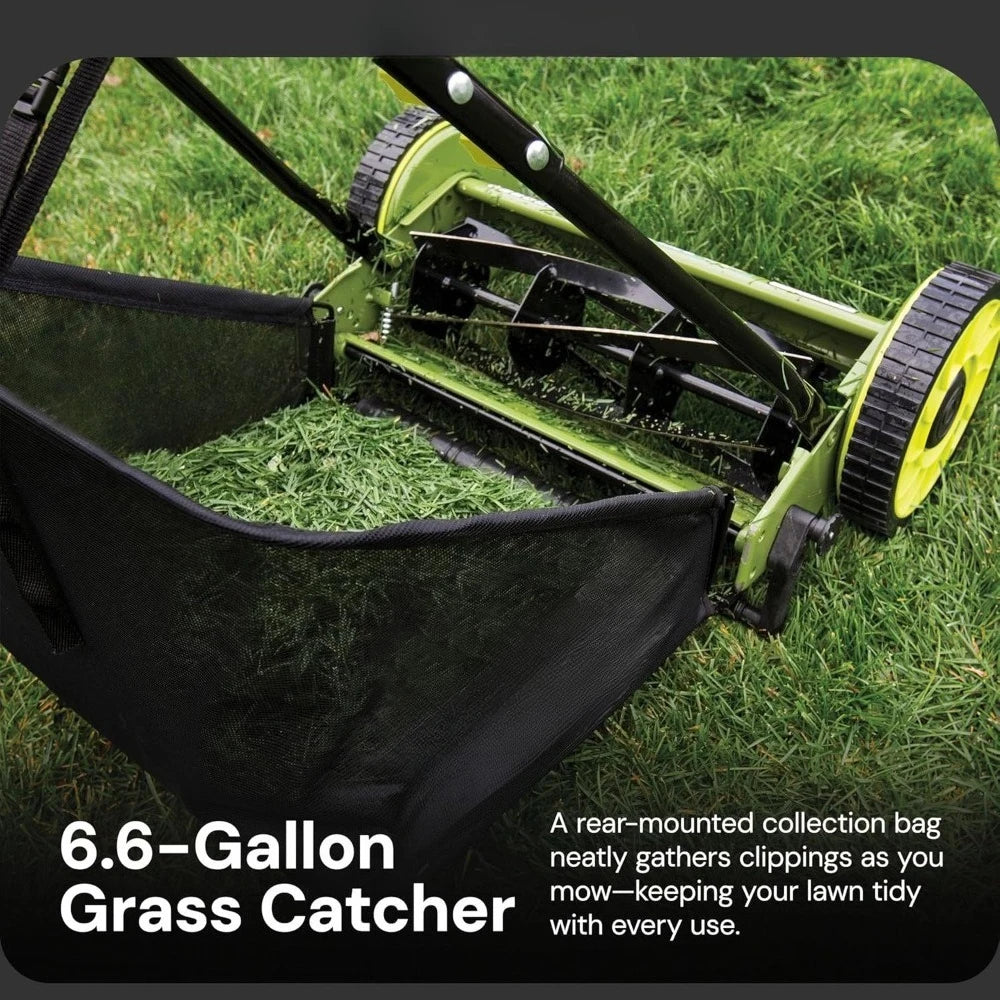 16-Inch Manual Reel Mower w/Adjustable Cutting Height, 6.6-Gallon Removable Grass Catcher, 5 Steel Blades, 2-Wheels