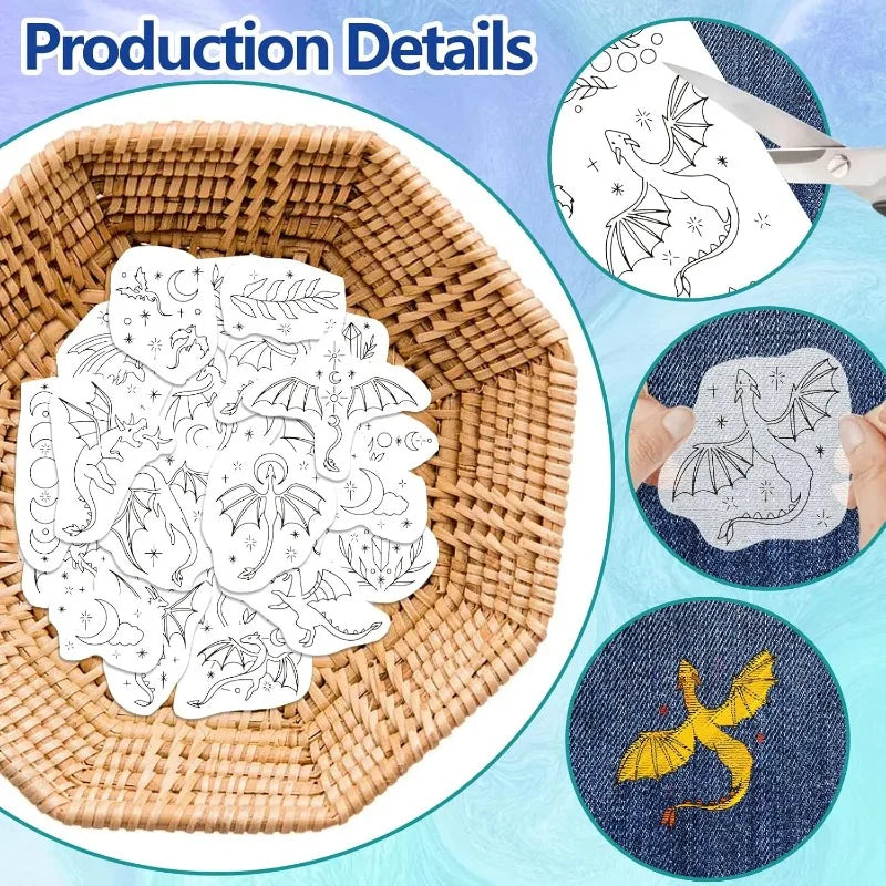 1Set 4Sheets Dragon Water Soluble Embroidery Stabilizer Stars Hand Sewing Stabilizers Self Adhesive Washable Stick and Stitch