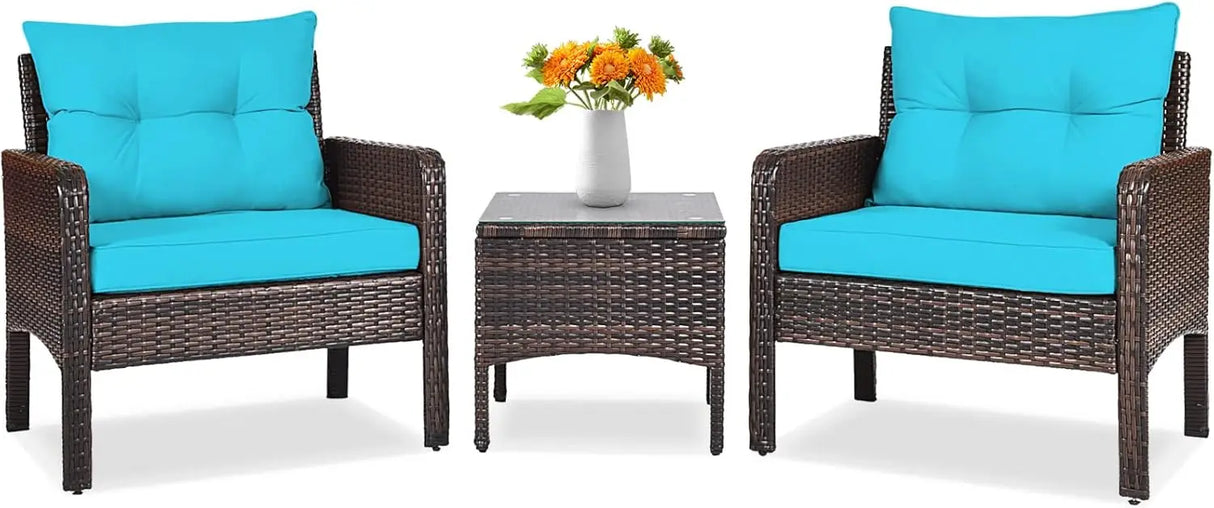 3 Piece Outdoor Patio Furniture Set for 2, Wicker Chairs with Glass Top Coffee Table, Thick Cushions, All Weather Garden Lawn