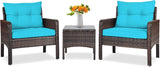 3 Piece Outdoor Patio Furniture Set for 2, Wicker Chairs with Glass Top Coffee Table, Thick Cushions, All Weather Garden Lawn