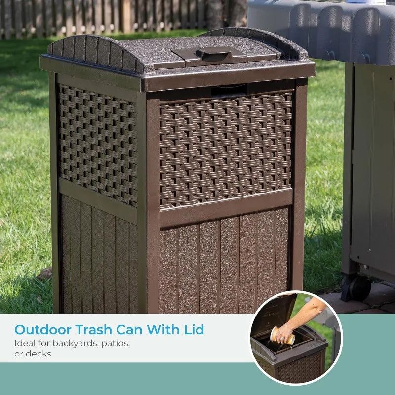 Trashcan Hideaway with Lid for 30 to 33 Gallon Trash Bags for Garage, Backyard, or Garden, Brown, Made