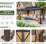 12'x16' Hardtop Gazebo, Aluminum Frame Permanent Pavilion with Curtains and Netting