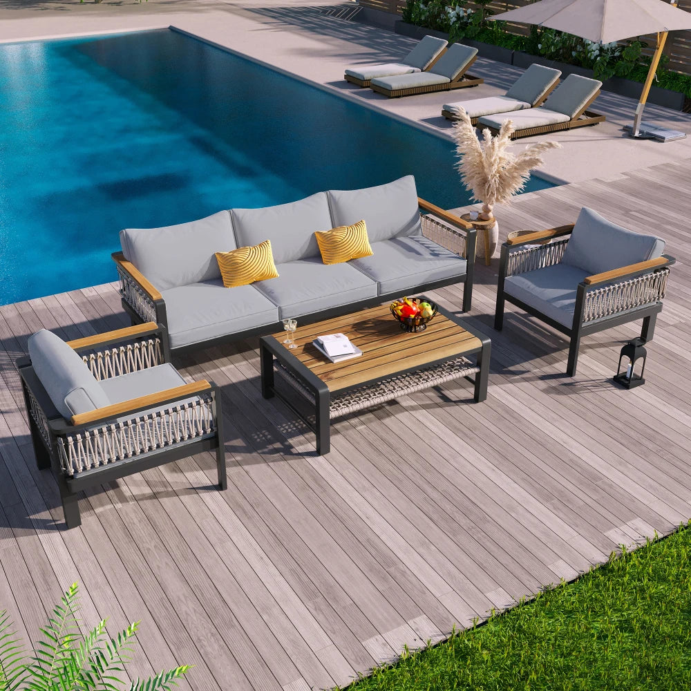 4 Pieces Outdoor Sectional Sofa Set 5-person Patio Seating Group Outdoor Conversation Set Cushions and A Coffee Table for Patios