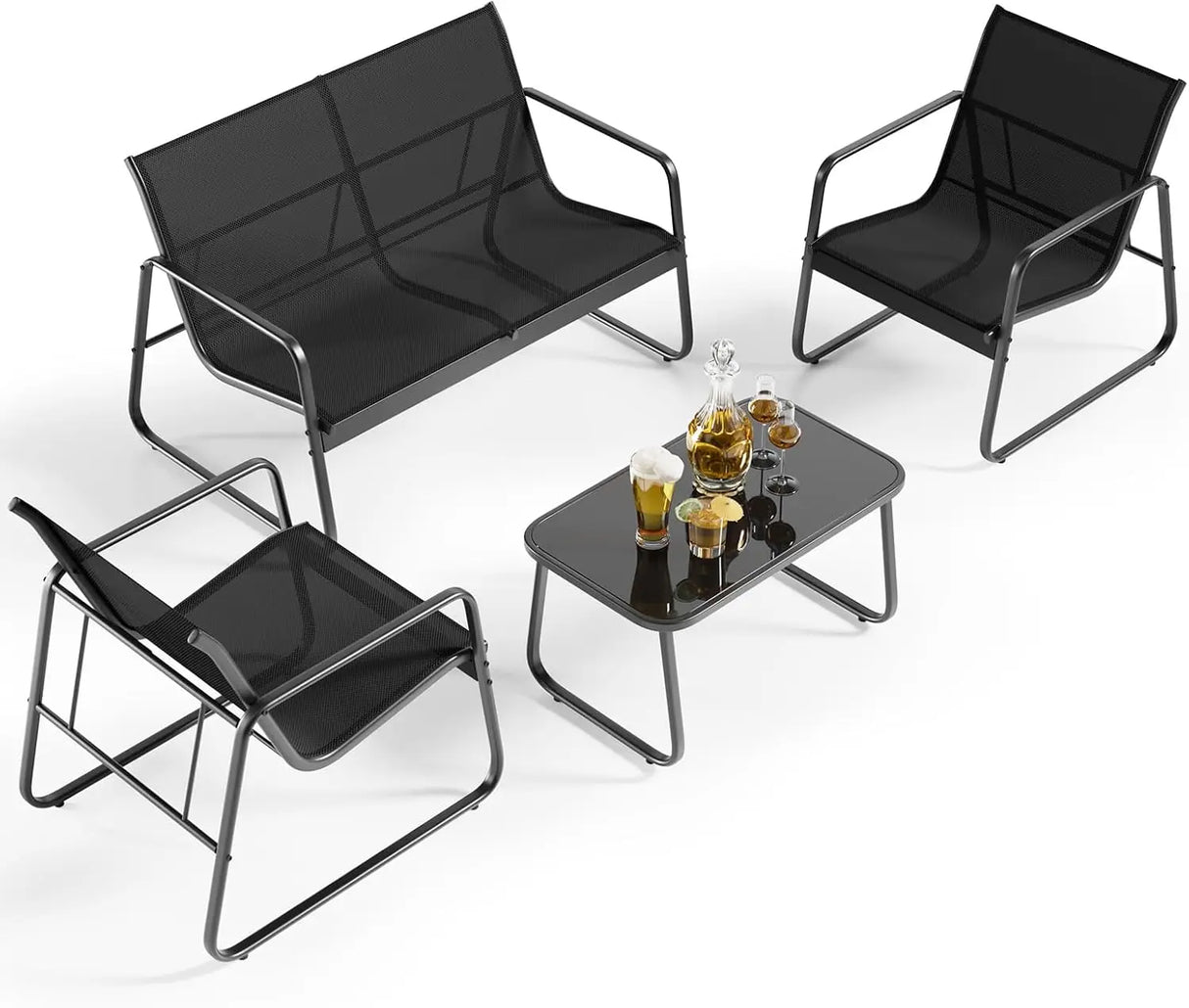 4 Piece Patio Furniture Set, Outdoor Patio Furniture with Loveseat and 2 Single Chairs, Bistro Table and Chairs Set for Backyard
