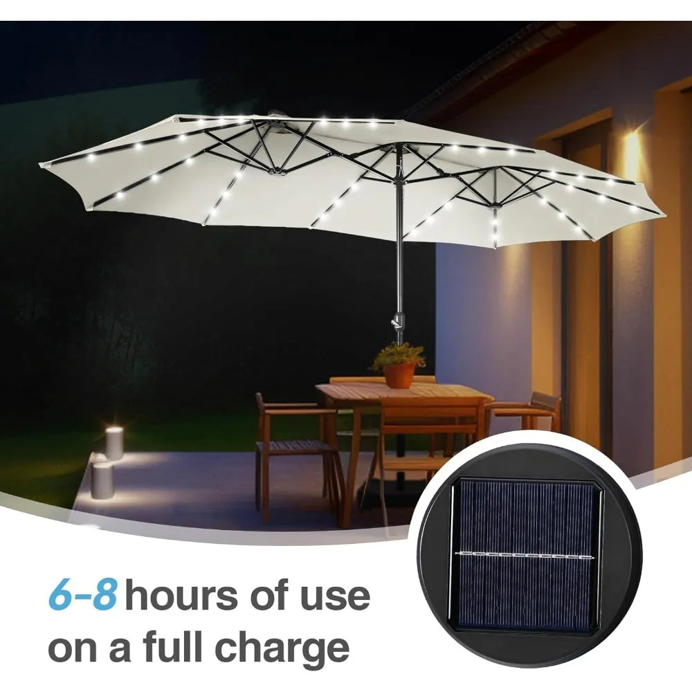 15 ft Rectangle Patio Umbrella with Solar Lights and Base Included, Double-Sided Market Table Umbrella with Crank, Large Outdoo