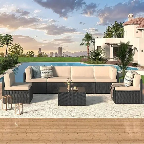 U-MAX Outdoor Sectional Furniture Chair Set with Cushions and Coffee Table,Patio PE Rattan Wicker Sofa, 7 Piece