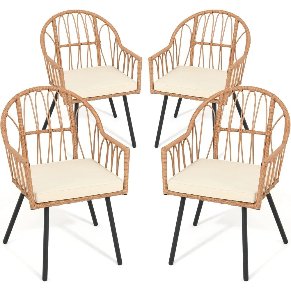 4 Pieces Rattan Wicker Dinning Chairs, Outdoor Indoor Patio Furniture Set with Cushion and Curved Back All Weather Bistro Chair