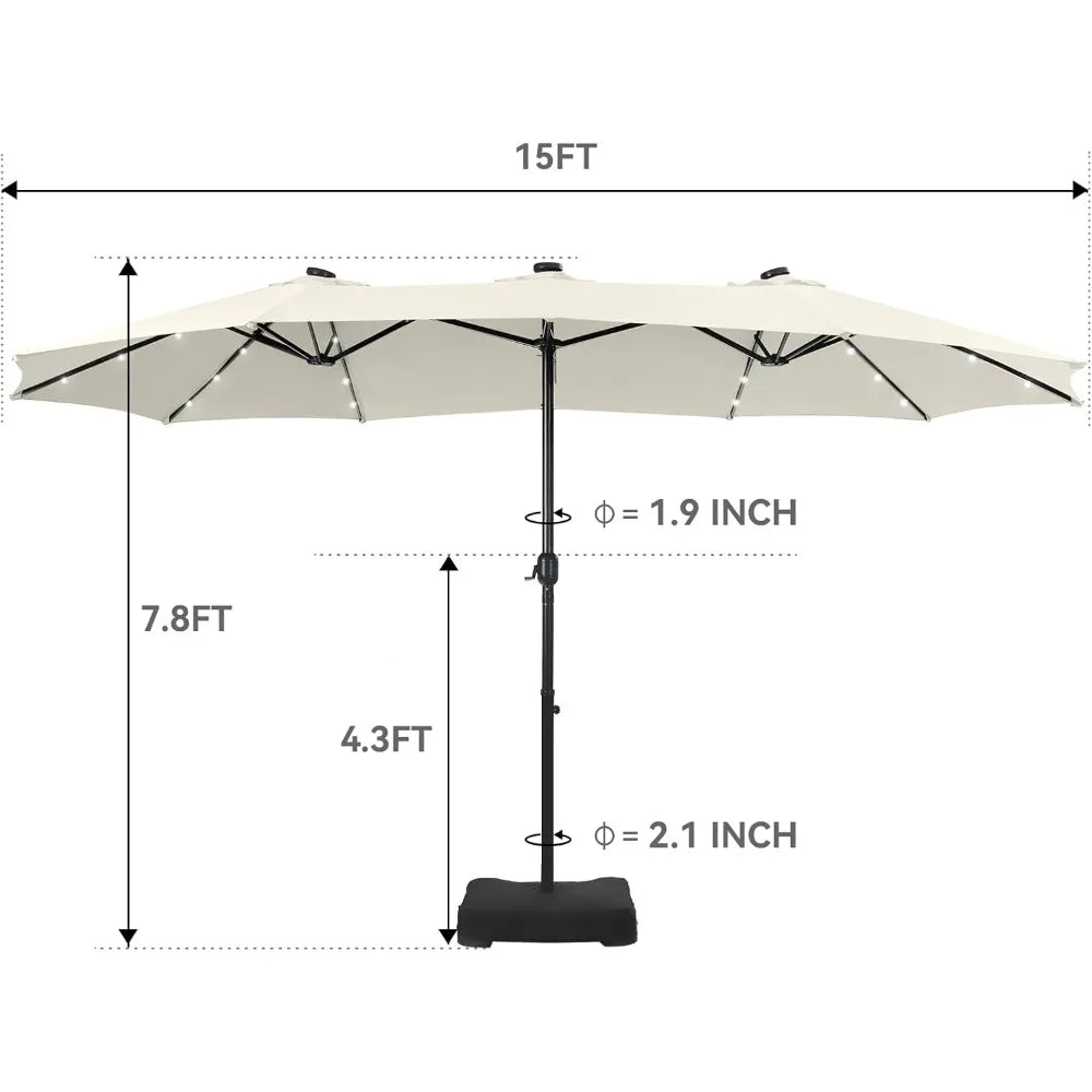 15 ft Rectangle Patio Umbrella with Solar Lights and Base Included, Double-Sided Market Table Umbrella with Crank, Large Outdoo