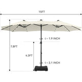 15 ft Rectangle Patio Umbrella with Solar Lights and Base Included, Double-Sided Market Table Umbrella with Crank, Large Outdoo