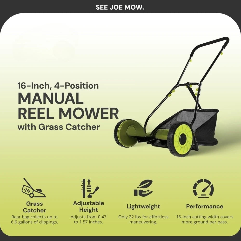 16-Inch Manual Reel Mower w/Adjustable Cutting Height, 6.6-Gallon Removable Grass Catcher, 5 Steel Blades, 2-Wheels