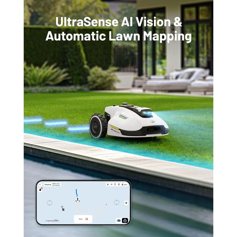 Robot Lawn Mower with 4G, Reception 0.5 Acre,Max. 0.7 Acre, Ultrasense AI Vision & RTK, Auto Mapping & App Control,45%Slope