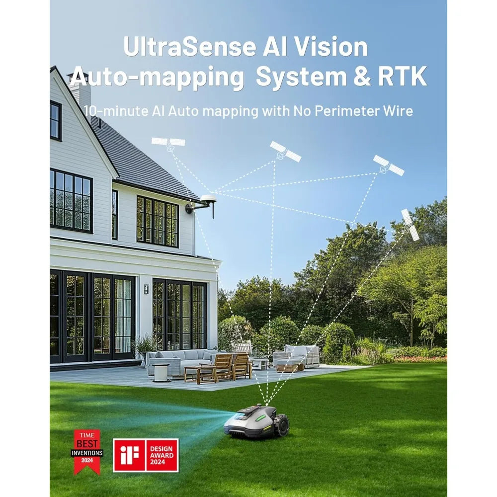 Robot Lawn Mower, Reception 0.17 Acre, Max 0.27 Acre, Ultrasense AI Vision+ RTK Positioning, Auto Mapping, App Control