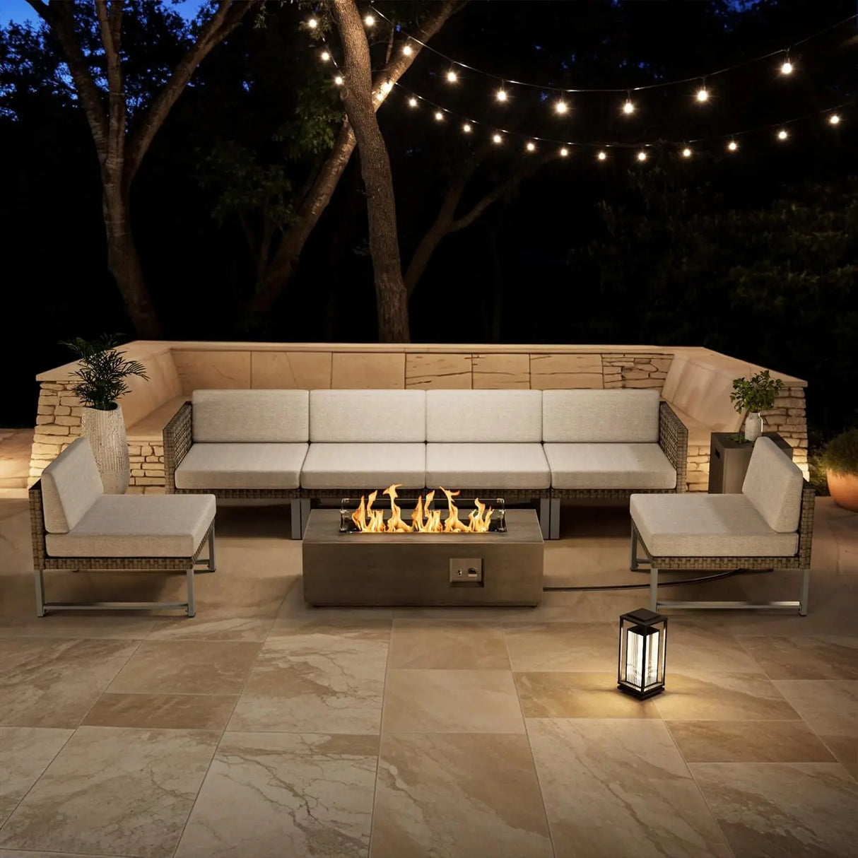 Patio Furniture Set Outdoor Furniture Sectional Couch Fire Pit Table and Chairs Set with Propane Firepit Light Brown Wicker