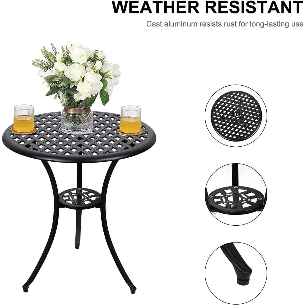 3 Piece Patio Bistro Set Cast Aluminum Bistro Table Set Outdoor Round Dining Table with Umbrella Hole for Porch, Lawn, Garden,