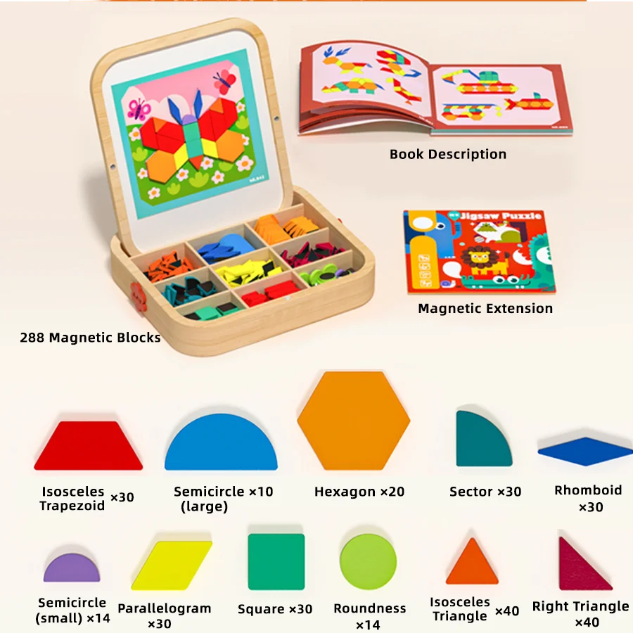 288pcs Wooden Magnetic Geometry Creative Puzzle Refrigerator Color Magnet Graphic Learning Brain Puzzle Toys Holiday Gifts