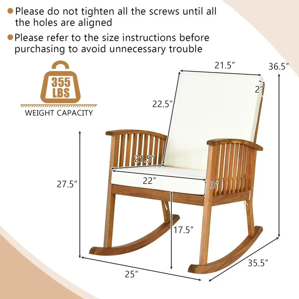 Patio Wooden Rocking Chair Lawn Garden Outdoor w/ Armrest Cushion Outdoor Furniture
