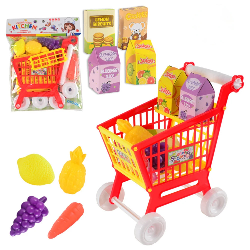 21 Pieces Grocery Store Cart Toys Interactive Play Set with Pretend Food Accessories for Children Kids for Food Fruit Vegetables