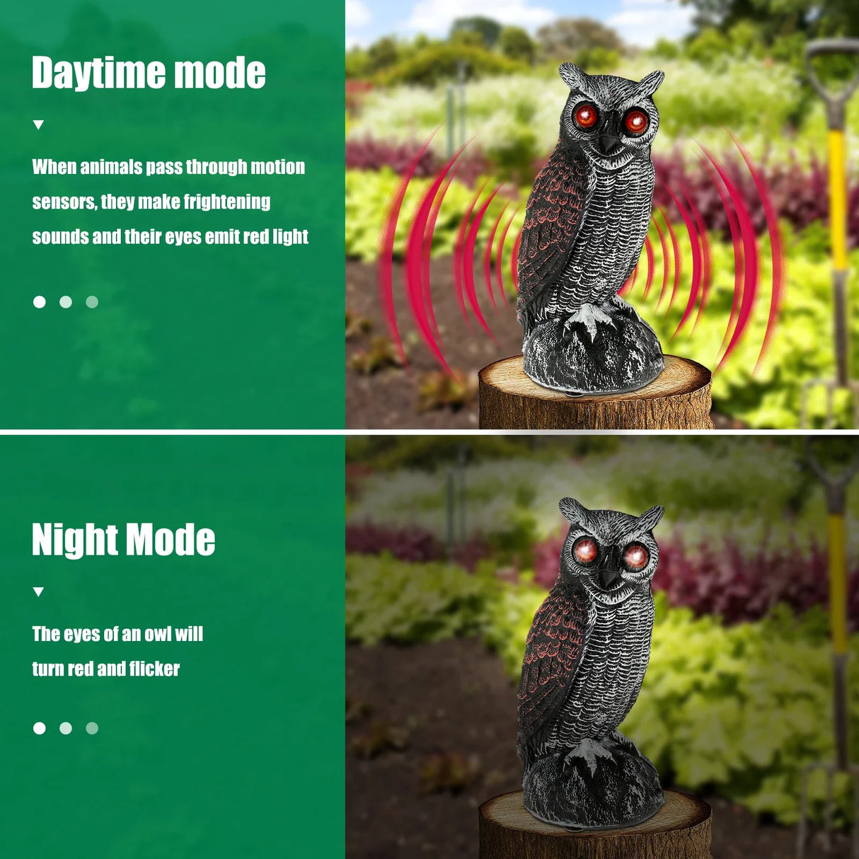 Owl Bird Repellent 360° Rotating Head Realistic Owl Statue Scarecrow Flashing Eyes Scary Sound Garden Bird Repellent Decoration