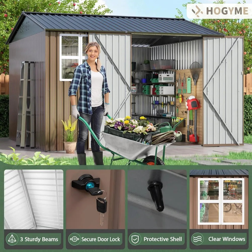 10x10 FT Large Outdoor Storage Shed, Metal Clearance Tiny Home with Windows & Lockable Doors for Backyard Garden, Patio Lawn, Pl