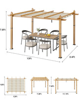 10X10FT 10X13FT Outdoor Pergola With Retractable Canopy,  Faux Wood Grain Metal Patio Gazebo, Modern Yard Pergola Shelter