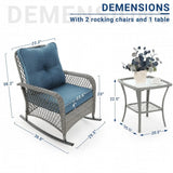 3 Piece Patio Set Rocking, with 2 Rockers and 1 Side Table with 4‘’ Thick Cushions, Rattan Outdoor Rocking Patio Bistro Set