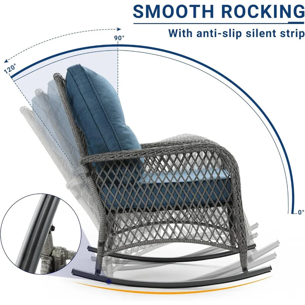 3 Piece Patio Set Rocking, with 2 Rockers and 1 Side Table with 4‘’ Thick Cushions, Rattan Outdoor Rocking Patio Bistro Set