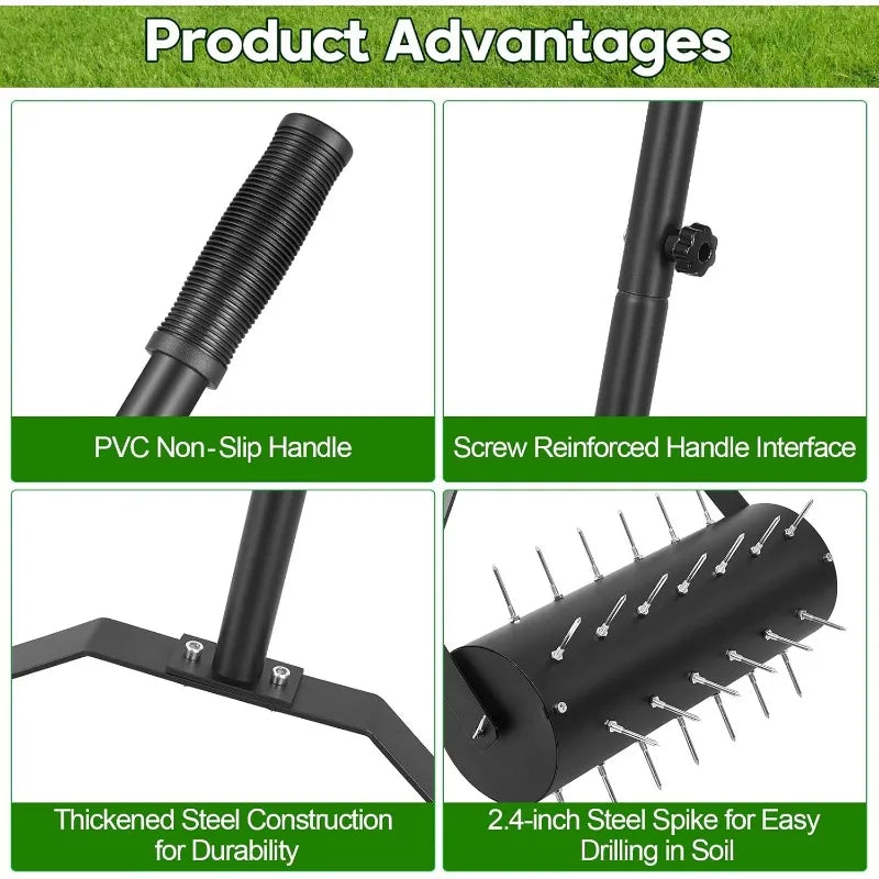 18-inch Rolling Lawn Aerator Tool, 50"-70" Handle Heavy Duty Spike Aerator with Sandbag, 40 Iron Spikes Tighten with Patience