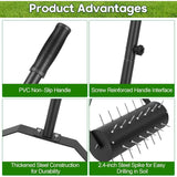 18-inch Rolling Lawn Aerator Tool, 50"-70" Handle Heavy Duty Spike Aerator with Sandbag, 40 Iron Spikes Tighten with Patience