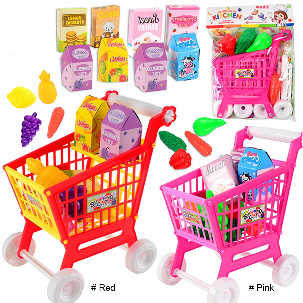 21 Pieces Grocery Store Cart Toys Interactive Play Set with Pretend Food Accessories for Children Kids for Food Fruit Vegetables