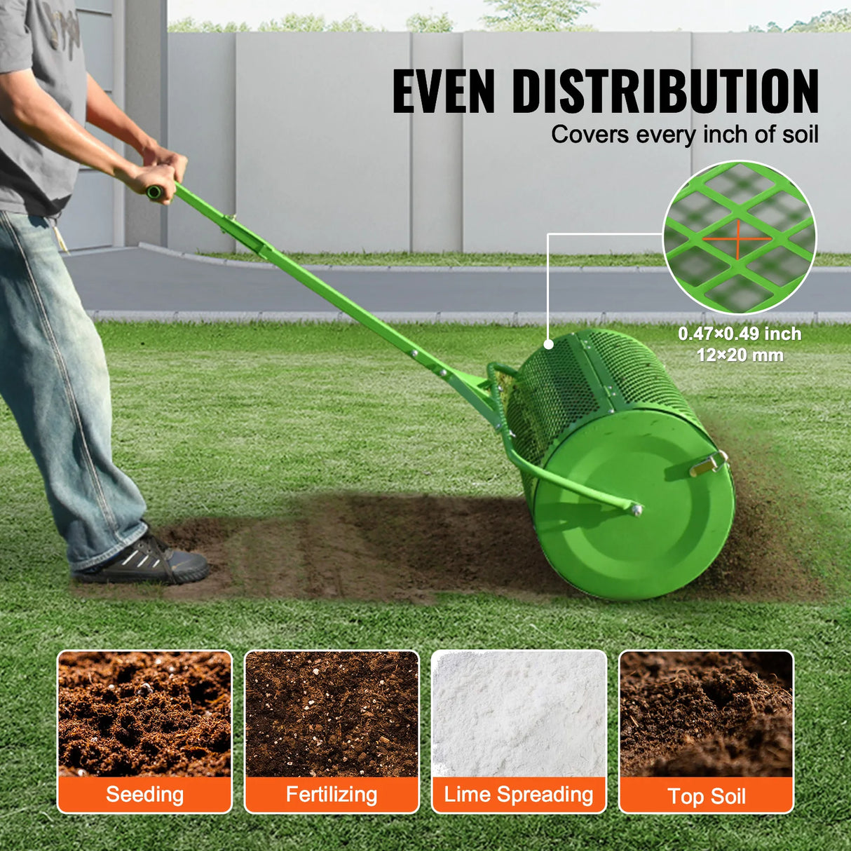 VEVOR Compost Spreader and Peat Moss Spreader 24 in Push/Tow-Behind Roller Lawn Spreader with Height Adjustable T Shaped Handle