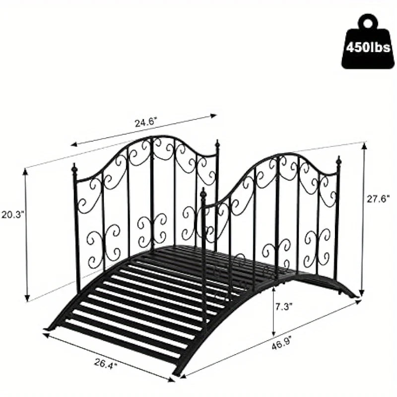 VINGLI Garden Bridge Metal Yard Arch Path Bridge with Patterned Guardrails Ourdoor Decorative Black Iron Foot Bridge for