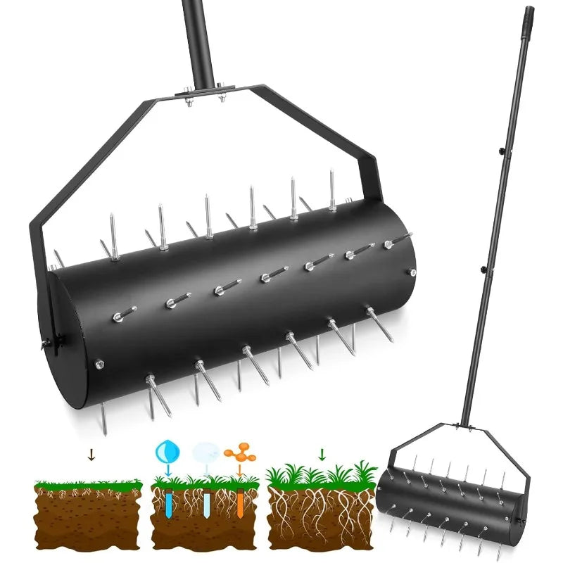 18-inch Rolling Lawn Aerator Tool, 50"-70" Handle Heavy Duty Spike Aerator with Sandbag, 40 Iron Spikes Tighten with Patience