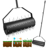 18-inch Rolling Lawn Aerator Tool, 50"-70" Handle Heavy Duty Spike Aerator with Sandbag, 40 Iron Spikes Tighten with Patience
