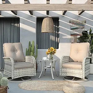Patio Outdoor Rocking Swivel Chair Wicker Rattan Bistro Set with Tempered Glass Side Table, Outdoor Patio Furniture Set for Gard