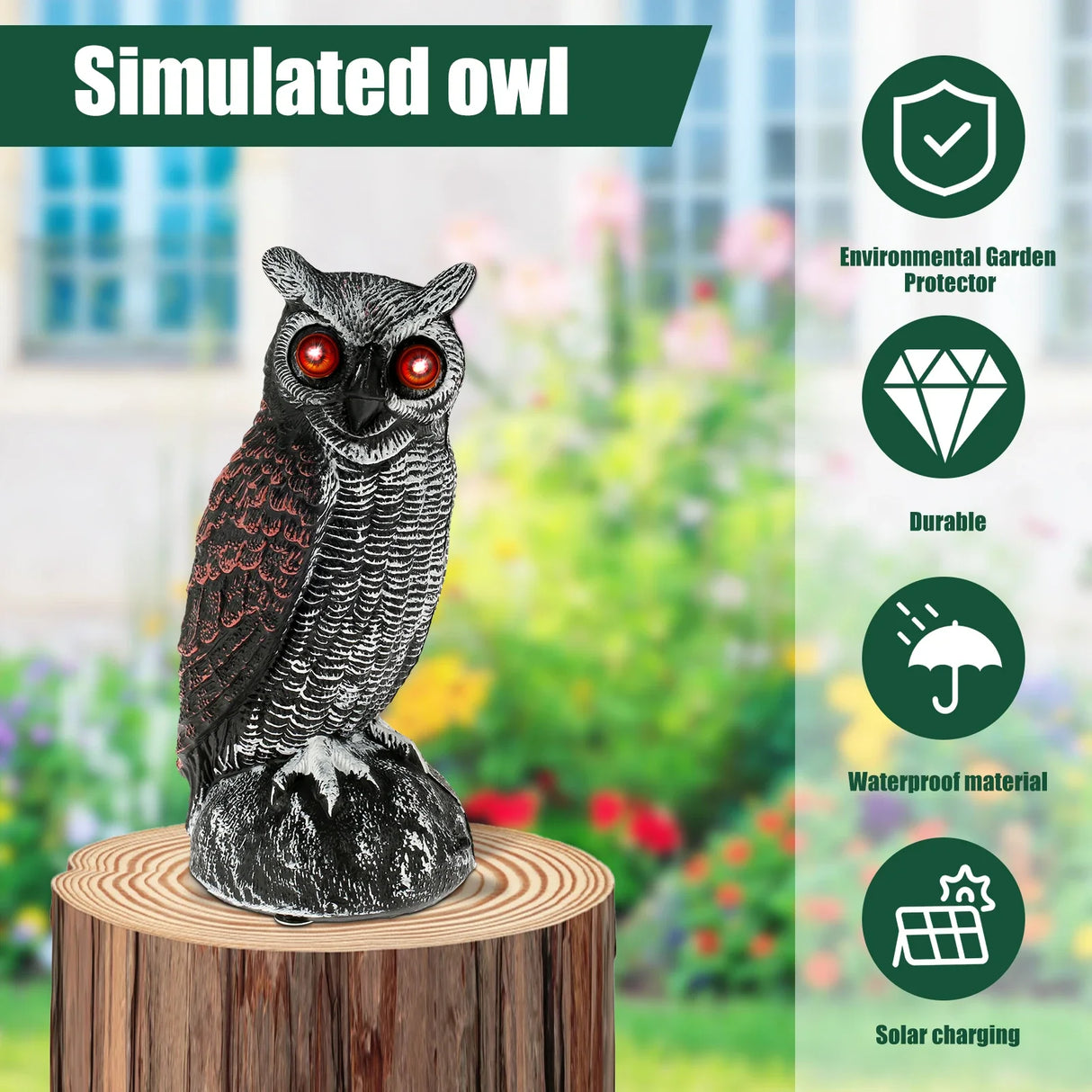 Owl Bird Repellent 360° Rotating Head Realistic Owl Statue Scarecrow Flashing Eyes Scary Sound Garden Bird Repellent Decoration