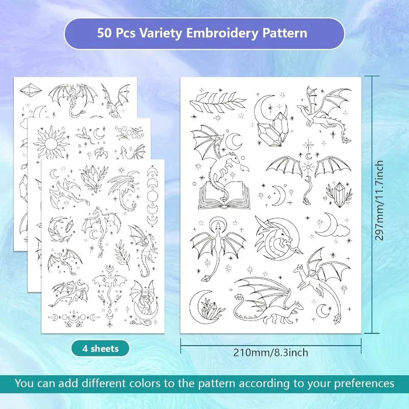 1Set 4Sheets Dragon Water Soluble Embroidery Stabilizer Stars Hand Sewing Stabilizers Self Adhesive Washable Stick and Stitch