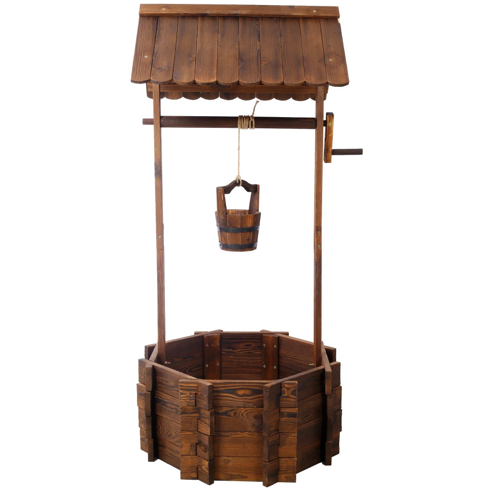 Rustic Wooden Wishing Well Planter Outdoor Home Décor for Patio, Garden, Yard w/Hanging Bucket