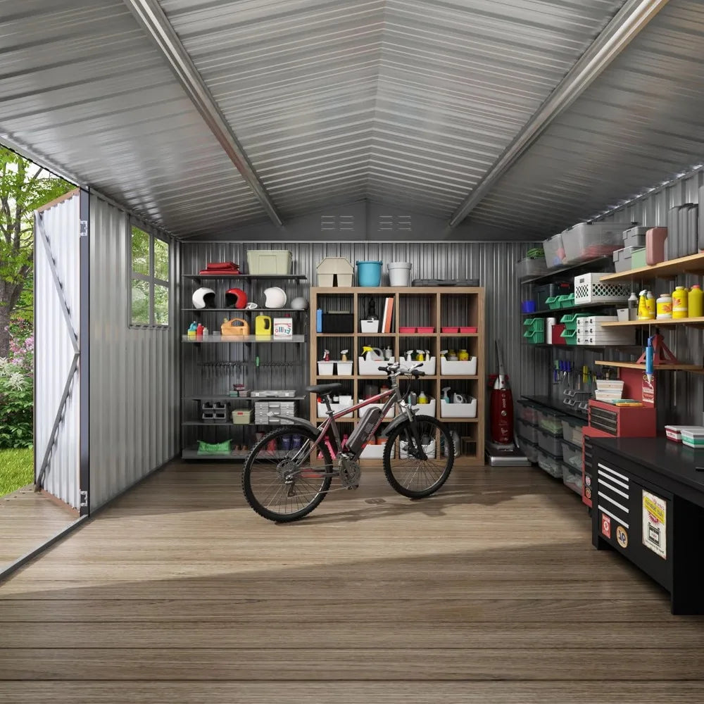 10x10 FT Large Outdoor Storage Shed, Metal Clearance Tiny Home with Windows & Lockable Doors for Backyard Garden, Patio Lawn, Pl